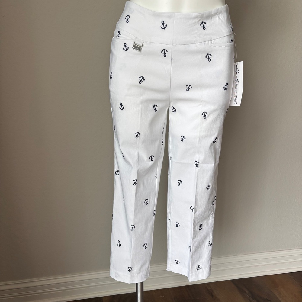 Lulu B Bangladine White Navy Anchor Pull On Capris Nautical Beach Coastal Size 6
